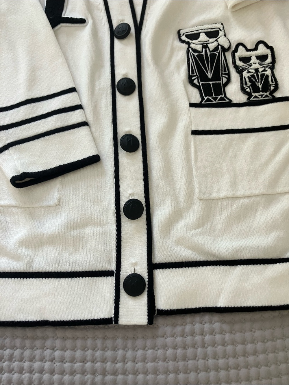 Karl Lagerfeld White and Black Logo Cardigan Sweater - Picture 7 of 10